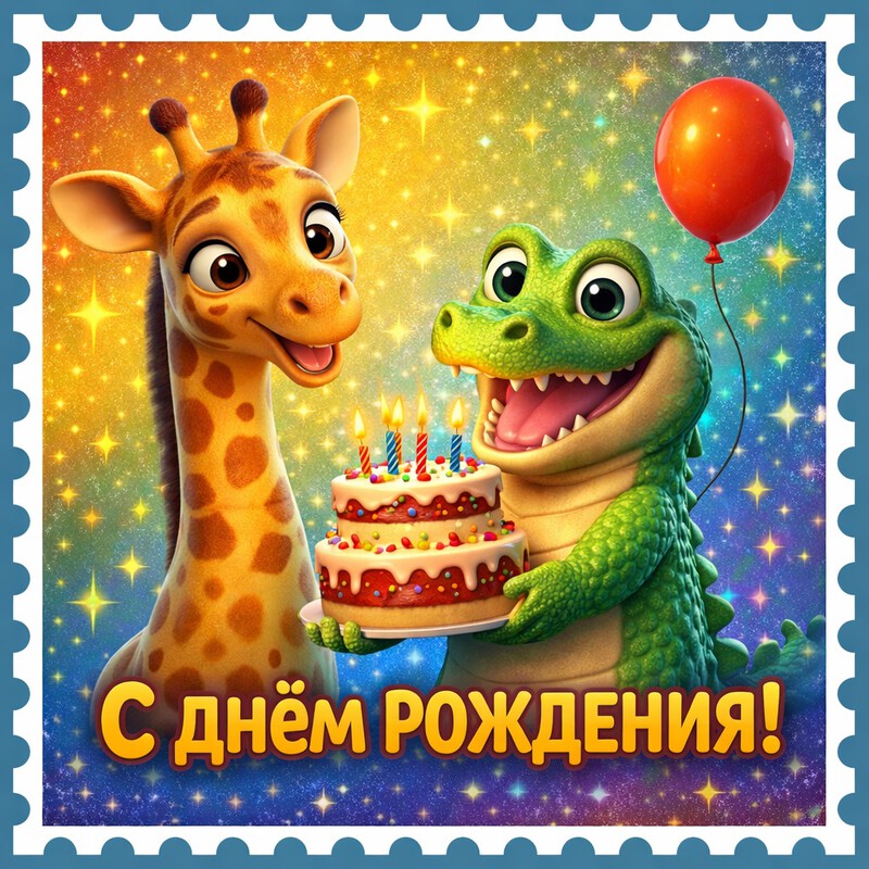 Яркая открытка с жирафом и крокодилом, чтобы поздравить мальчика с днём рождения