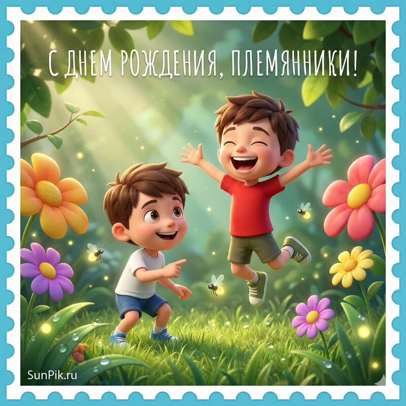 Открытка с днем рождения племянникам двойняшкам с двумя мальчиками на поляне