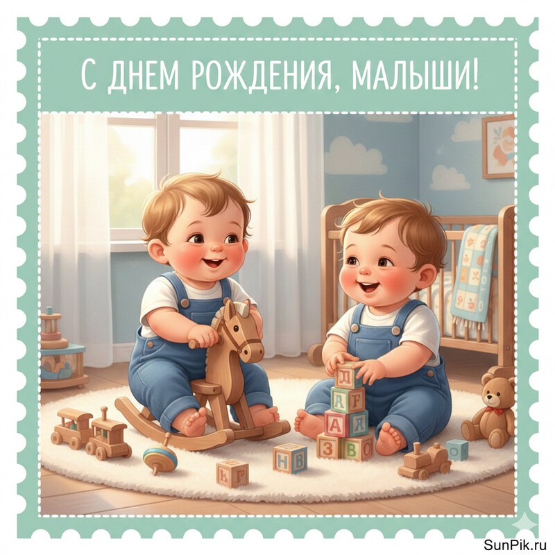Открытка с днем рождения маленькие мальчики-двойняшки играют в детской комнате