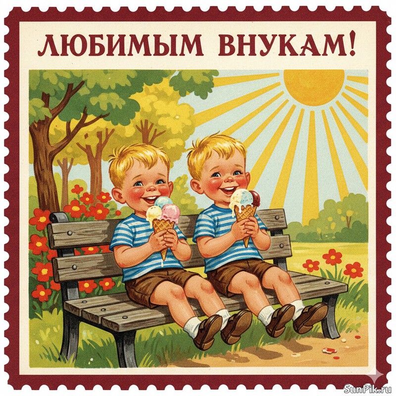 Открытка с днём рождения два мальчика-близнеца с мороженым сидят на скамейке