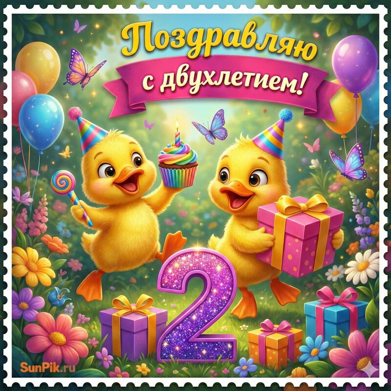 Открытка утята на полянке с подарками поздравляют с двухлетием