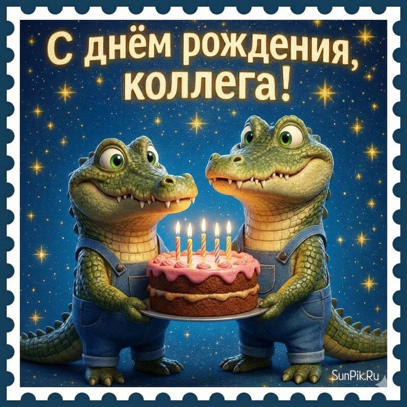 Открытка крокодилы с тортом и надпись с днем рождения, коллега!