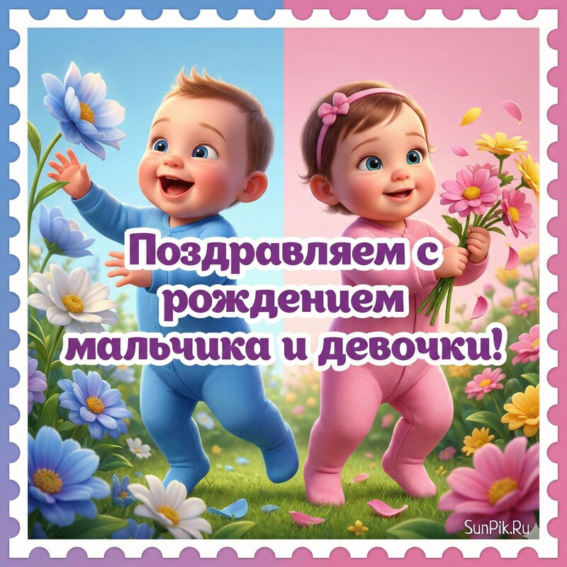 Открытка с рождением двойни мальчика и девочки