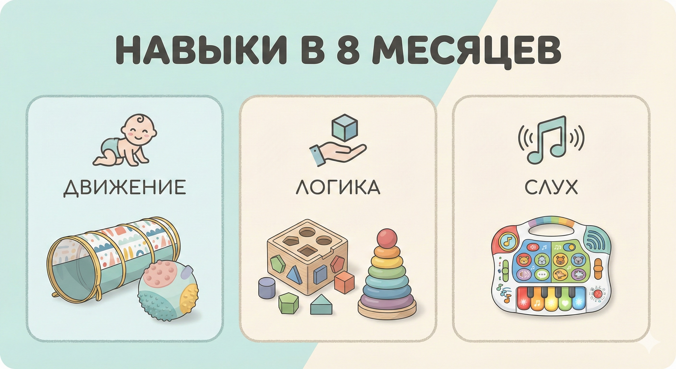 Инфографика подарков для развития моторики, логики и слухового восприятия восьмимесячного ребенка