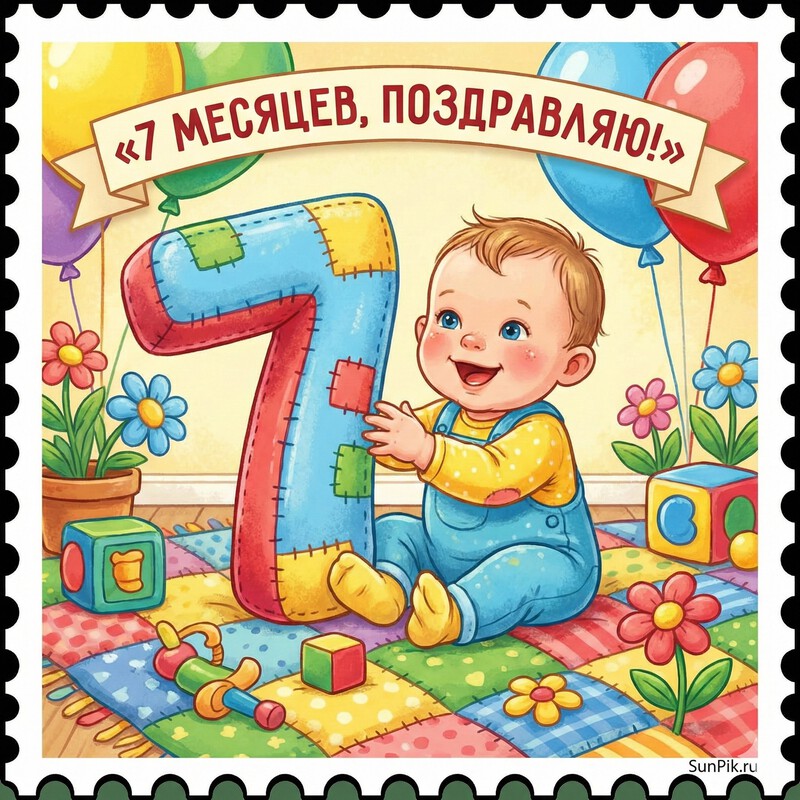 Поздравительная открытка 7 месяцев ребенок играет на детском коврике