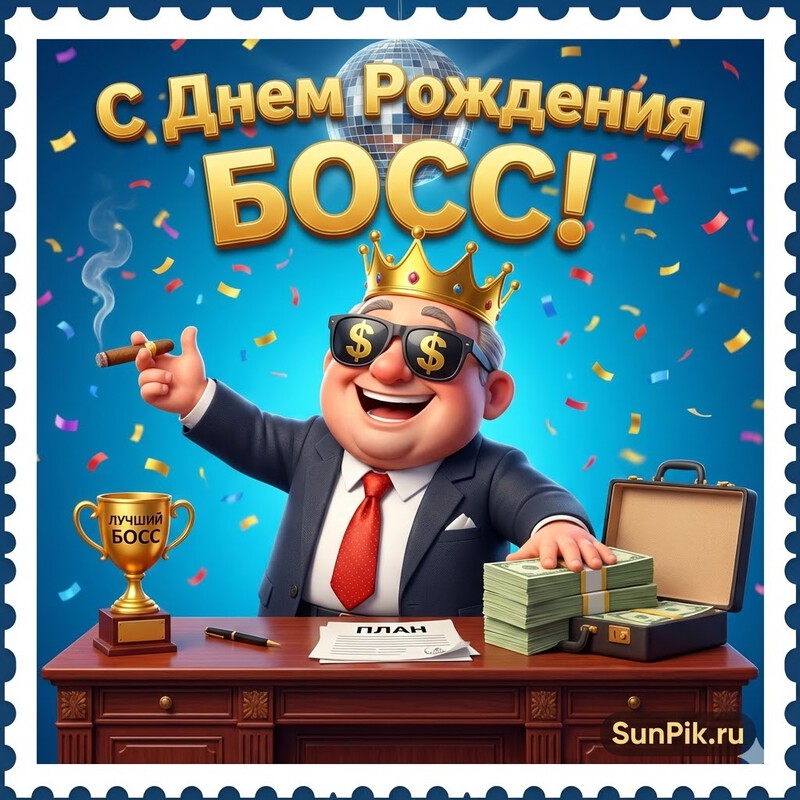 Прикольная открытка с днем рождения босс за рабочим столом