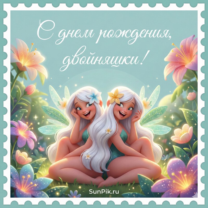 Открытка с днем рождения сестрам двойняшкам с двумя девушками-феями