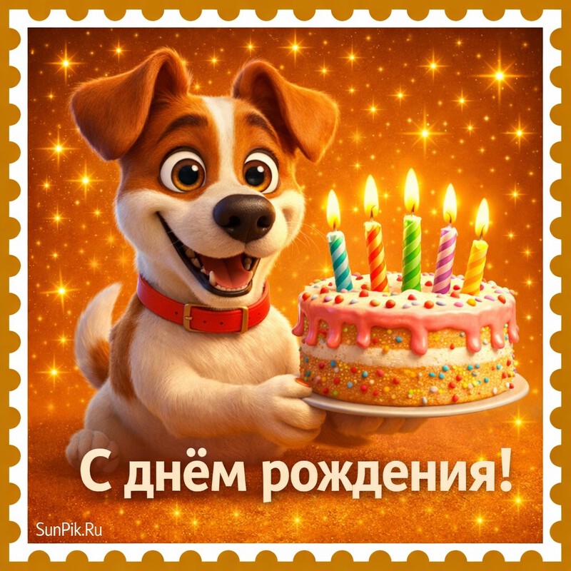 Смешная открытка собака с тортом на день рождения мальчика
