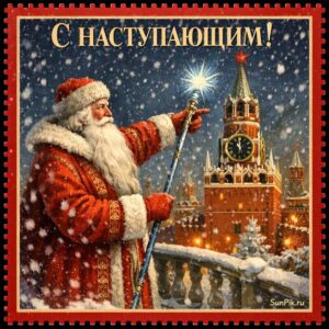 Советская открытка для поздравления с наступающим Новым годом с Дедом Морозом и Спасской башней