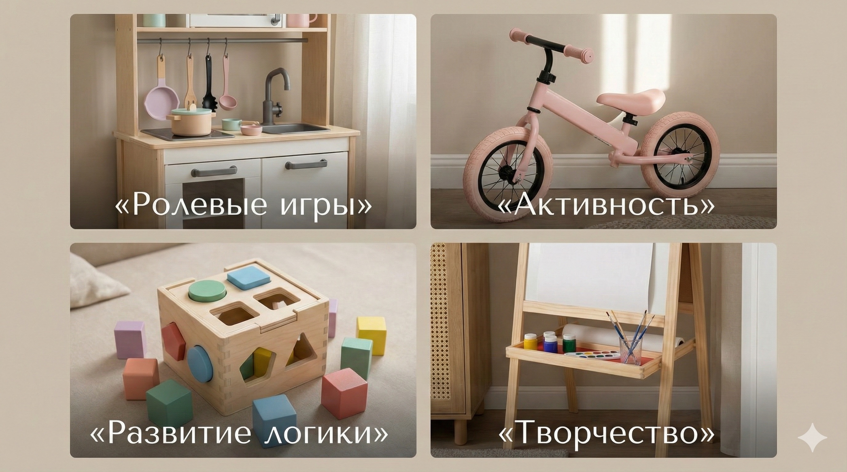 Топ категорий подарков для двухлетней девочки Коллаж с примерами популярных подарков: игровая кухня, беговел, сортер и мольберт с подписями на русском