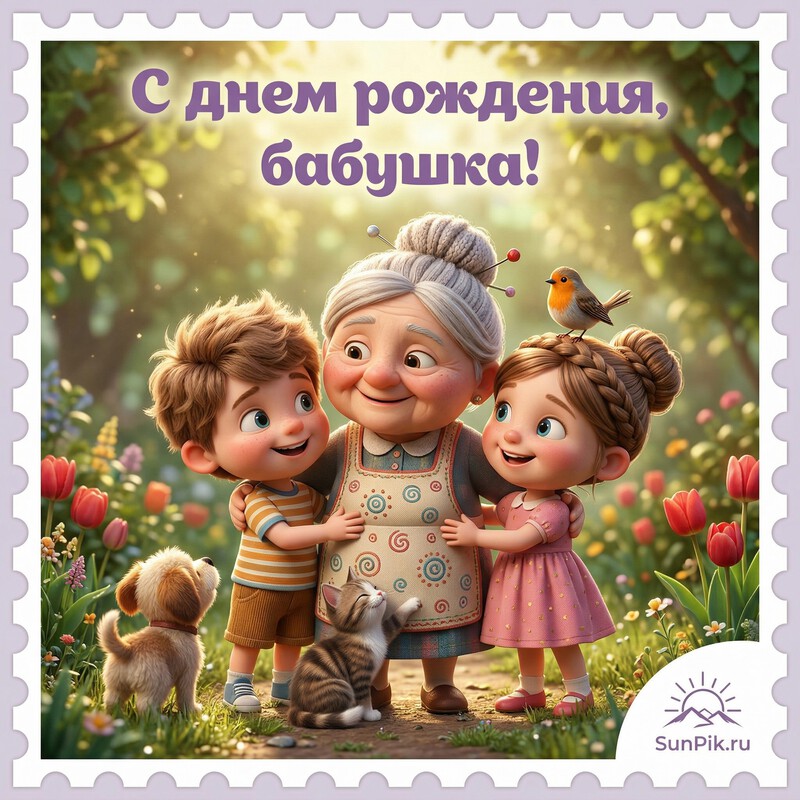 Открытка с днем рождения, бабушка с женщиной и мальчиком с девочкой