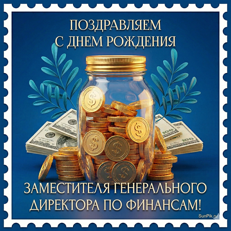 Открытка с днем рождения для финансового директора с банкой денег.