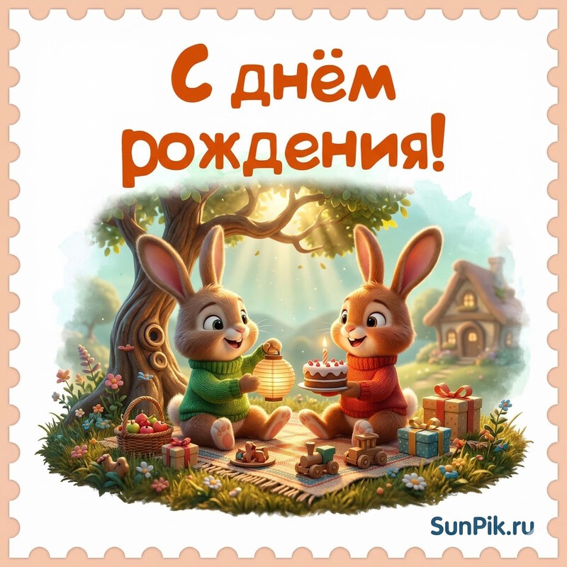 Открытка с днем рождения двойняшек с двумя зайцами на пикнике