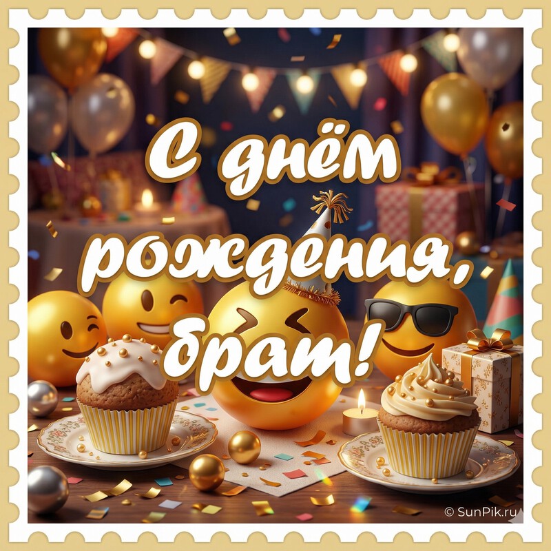 Картинка с днем рождения, брат с пирожными и смайлами