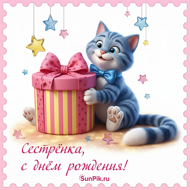 Открытка с днем рождения, сестренка с кошкой.