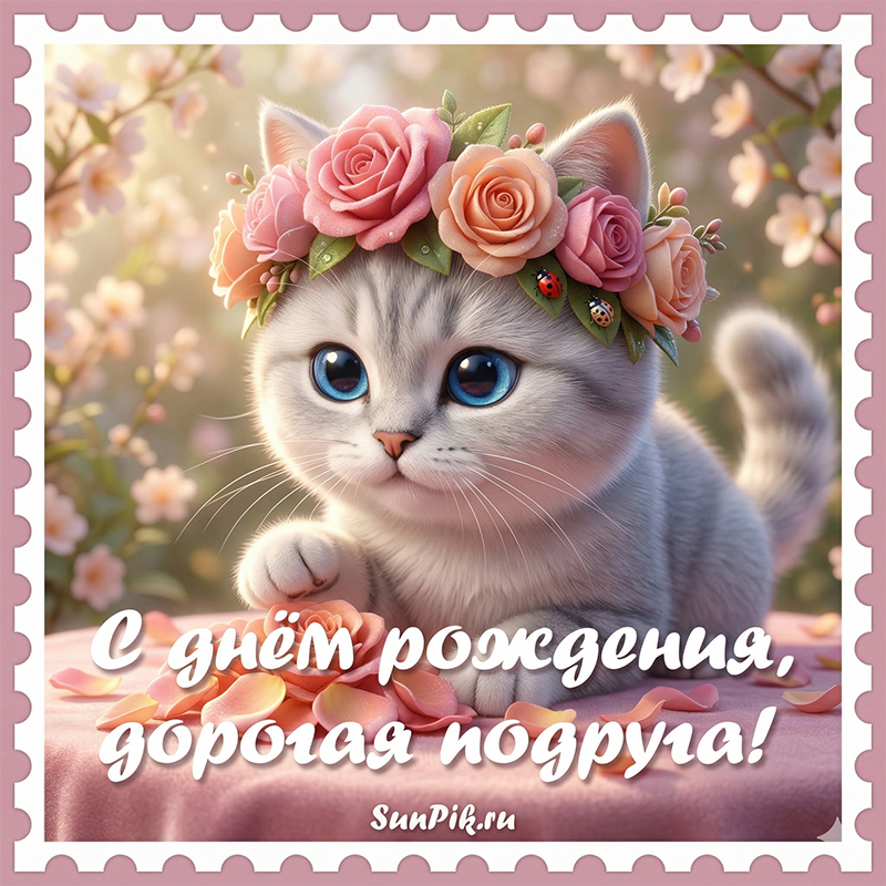 Открытка с днем рождения, дорогая подруга с кошкой.
