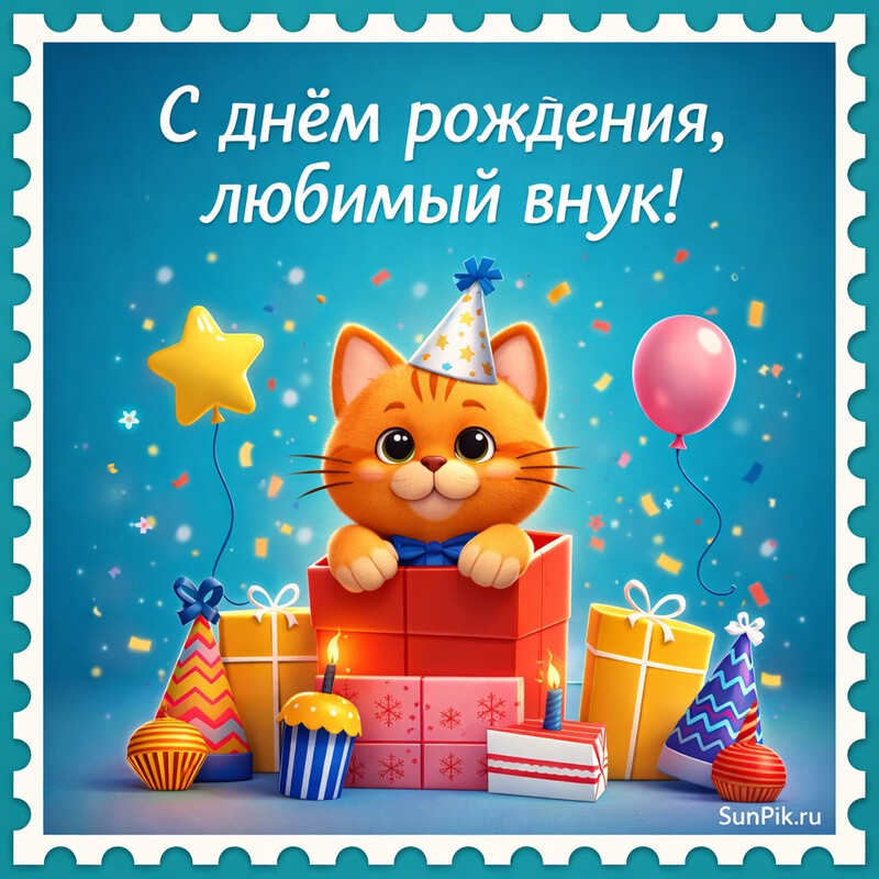 Открытка с днем рождения любимому внуку с кошкой и подарками