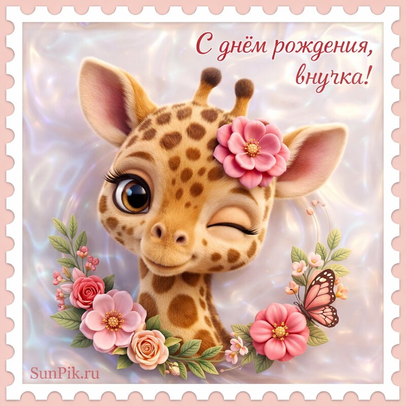 Открытка с днем рождения, внучка с жирафом