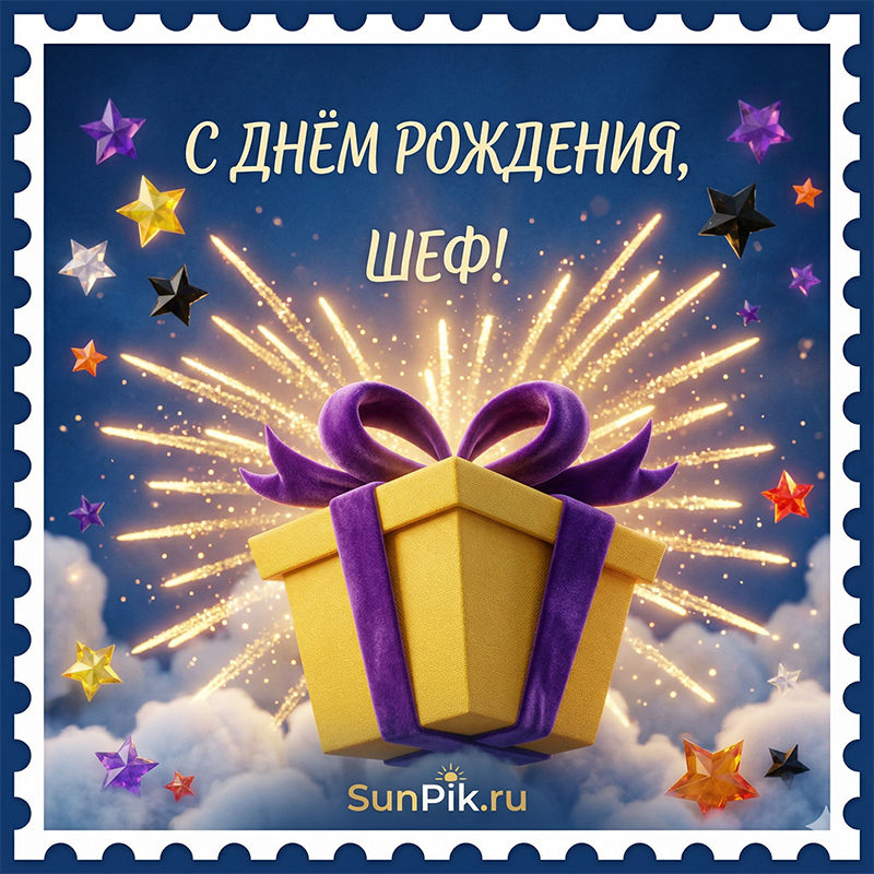 Открытка с днем рождения, шеф с подарком.