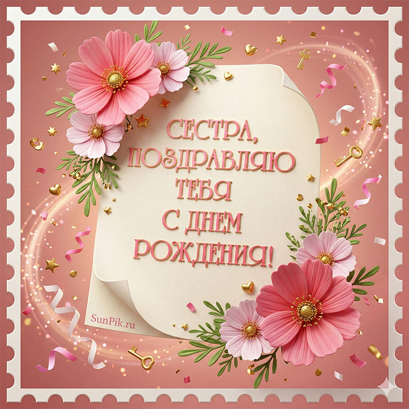 Открытка поздравляю тебя с днем рождения, сестра с ромашками.
