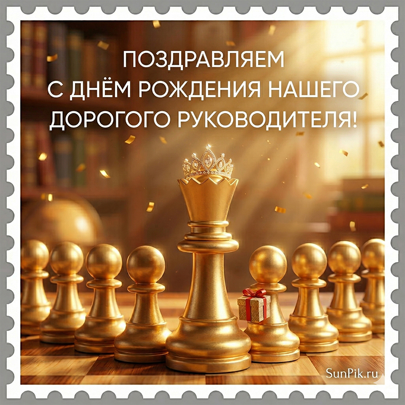 Открытка с днем рождения руководителю мужчине с золотыми шахматами.