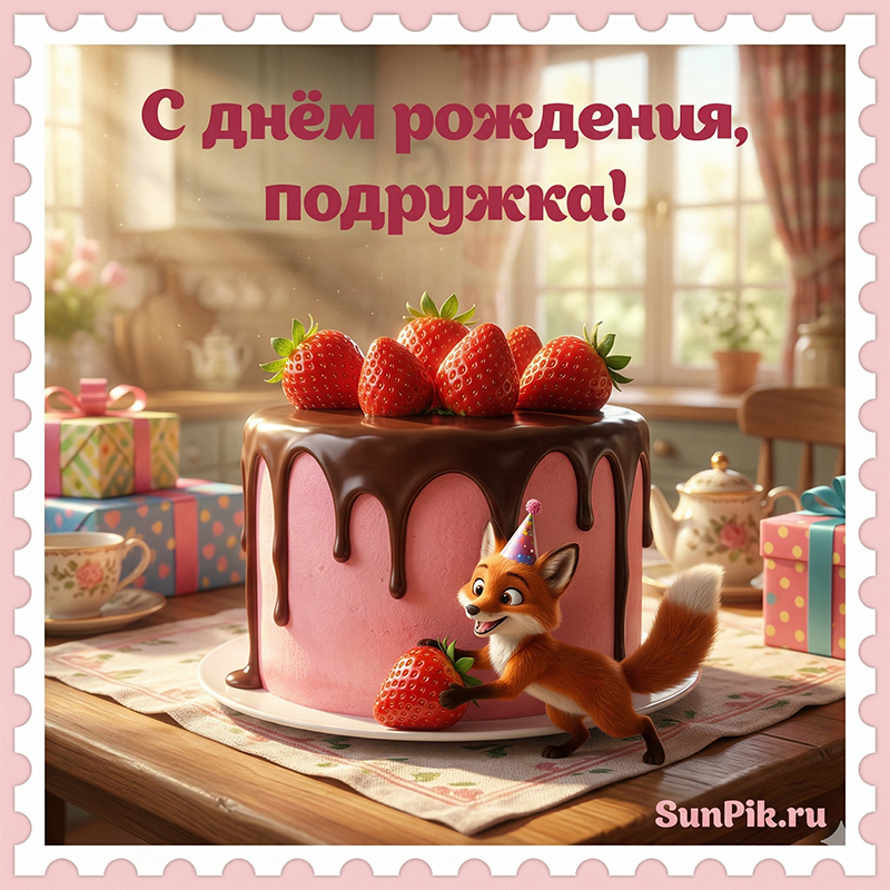 Картинка с днем рождения, подружка с клубничным тортом.