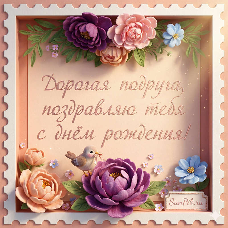 Открытка поздравляю с днем рождения, дорогая подруга с цветами.