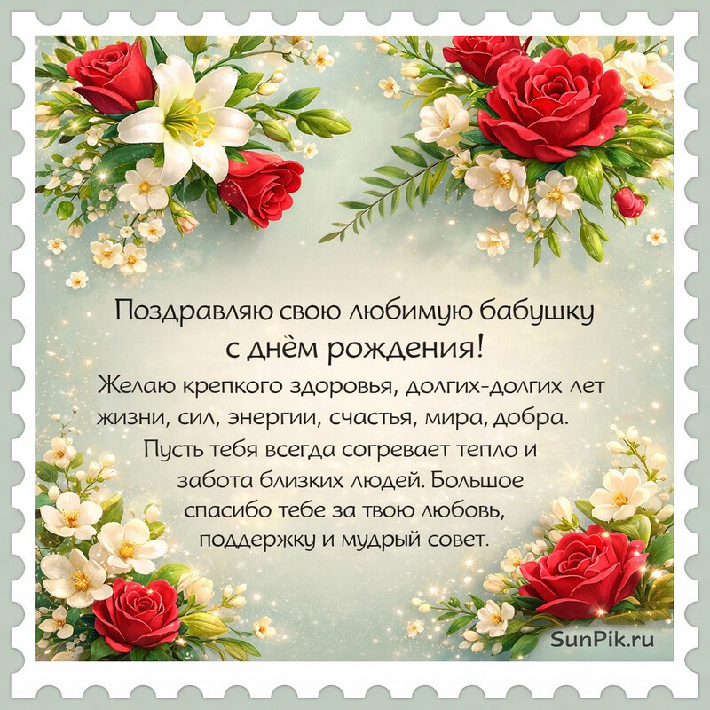Картинка с днем рождения, бабушка с текстом поздравления и цветами