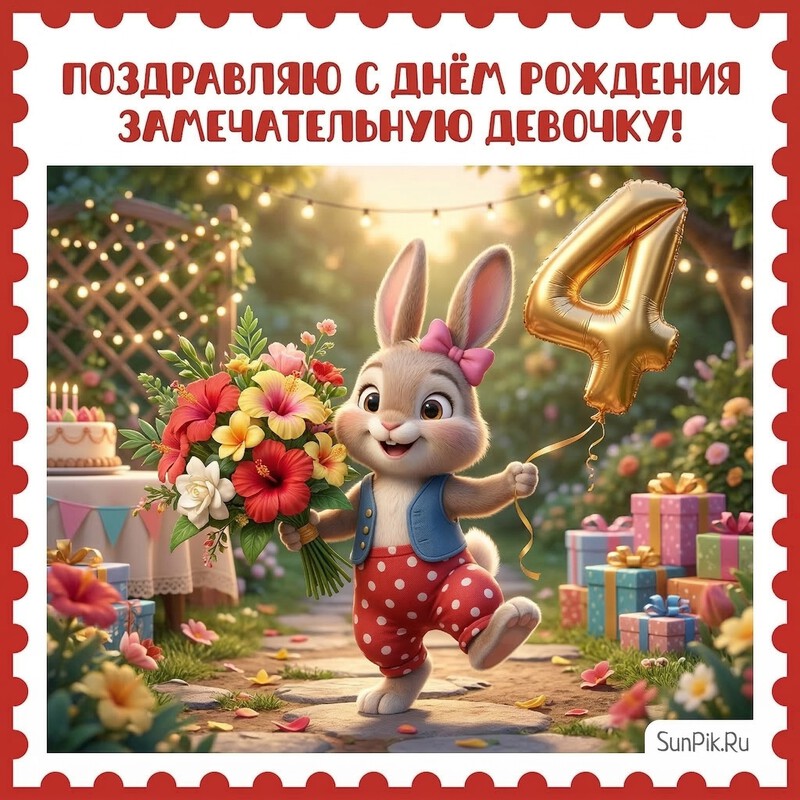 Детская открытка с днем рождения девочке 4 года милый зайчик с букетом цветов