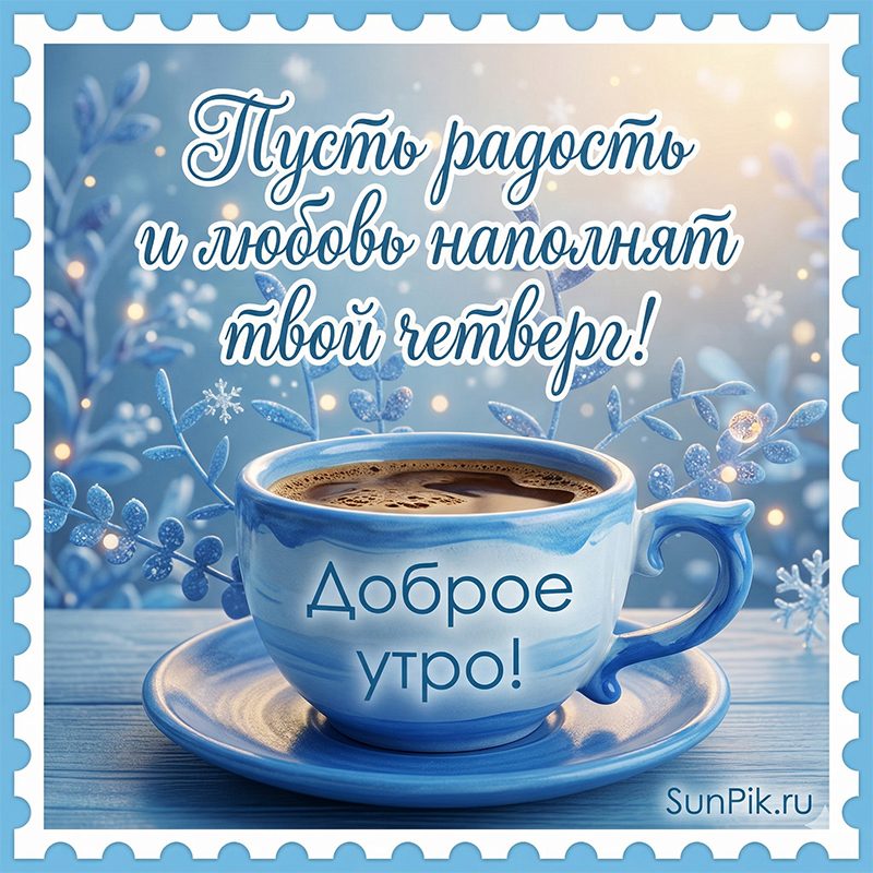 Открытка доброе утро, четверг! Открытка доброе утро, четверг с пожеланиями и чашкой чая.