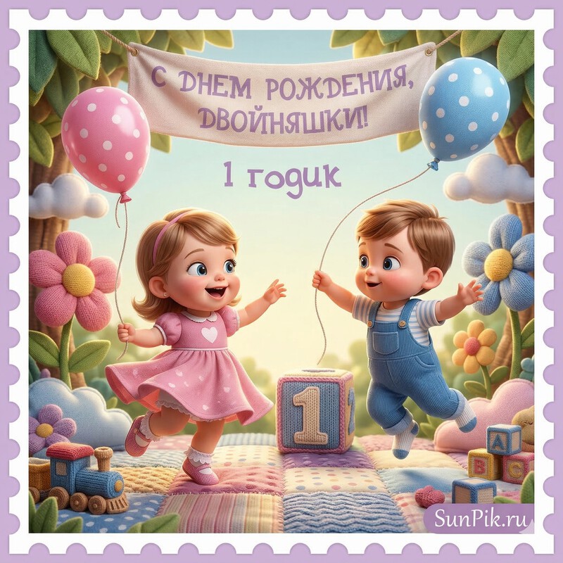 Открытка двойняшкам 1 годик с девочкой и мальчиком