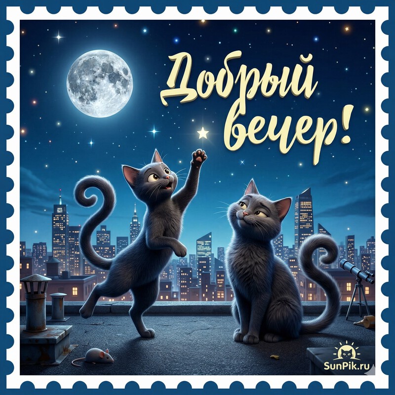 Открытка добрый вечер! Необычная открытка добрый вечер с кошками и круглой луной