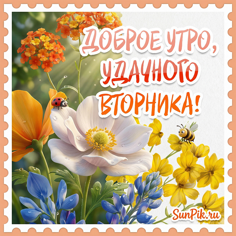 Открытка доброе утро, удачного вторника! Картинка доброе утро, удачного вторника с цветами.