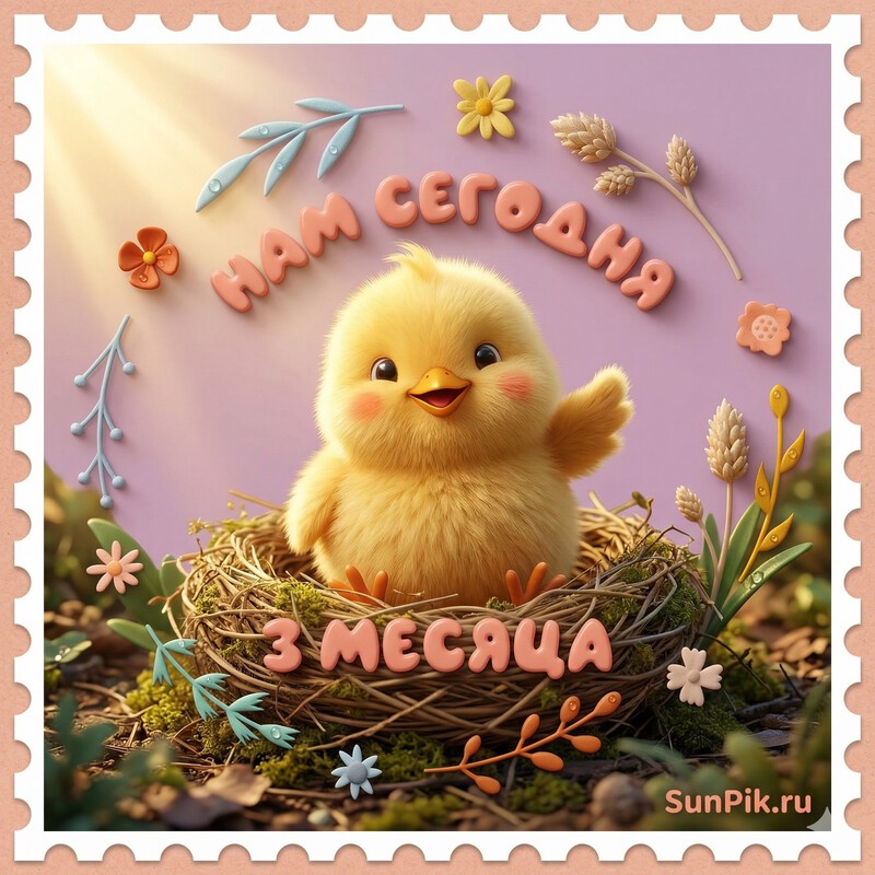 Открытка нам сегодня 3 месяца Картинка с птенцом в гнезде и текстом нам сегодня 3 месяца