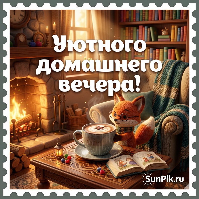 Уютного домашнего вечера! Картинка уютного домашнего вечера с чашкой какао