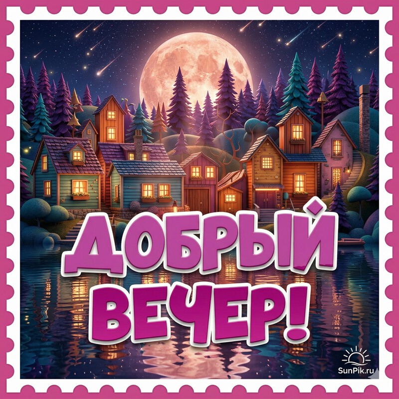 Добрый вечер! Красочная открытка добрый вечер с закатом солнца над домиками