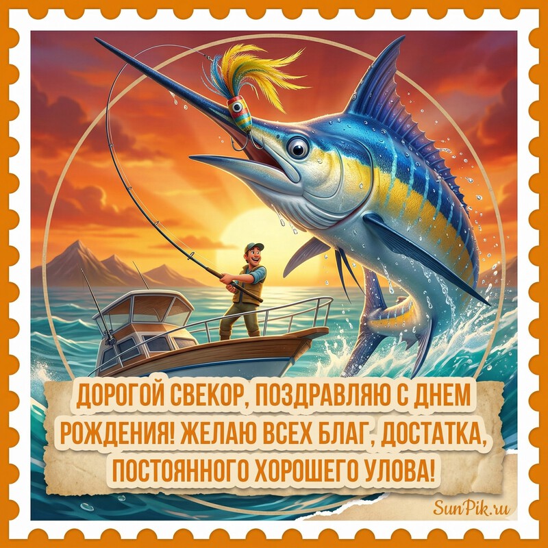 Открытка с рыбой и текстом поздравления свекру рыбаку с днем рождения