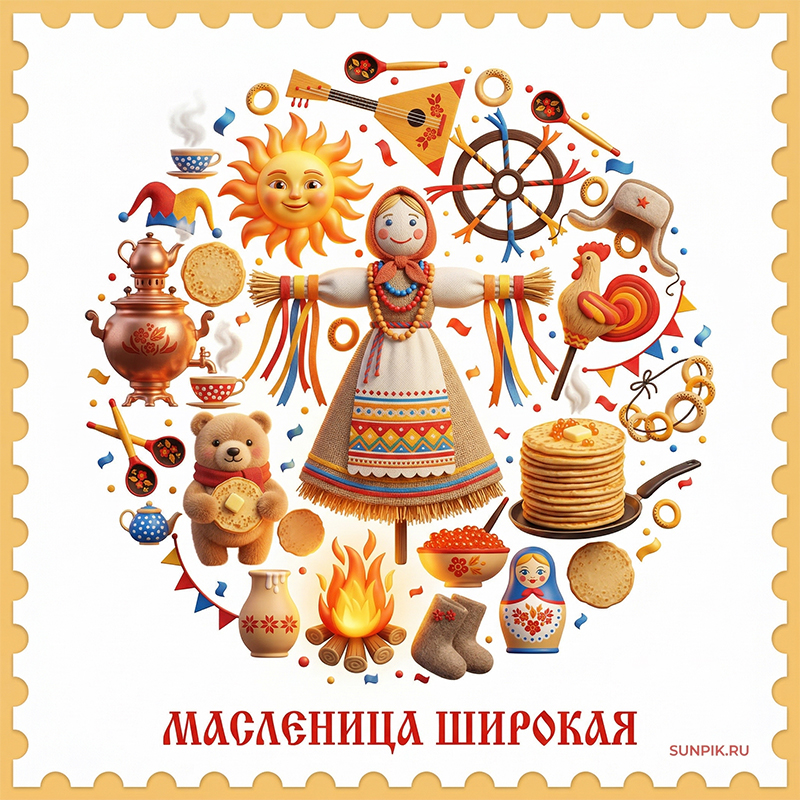 Картинка широкая масленица с блинами и атрибутами русской ярмарки.