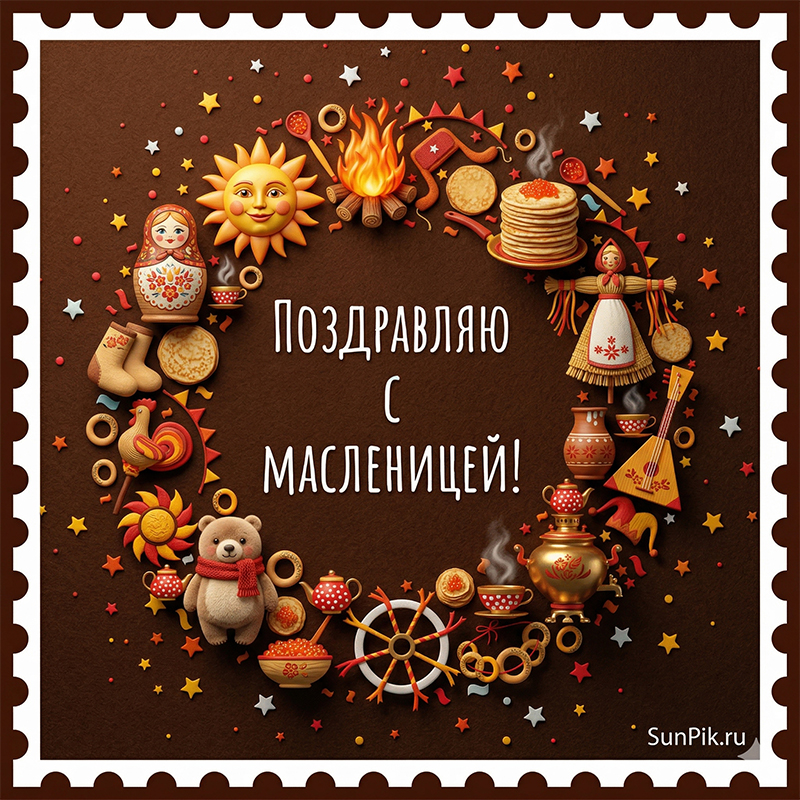 Красивая картинка поздравляю с Масленицей с русским орнаментом.