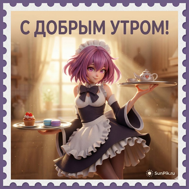 Аниме открытка с добрым утром с девушкой в костюме горничной
