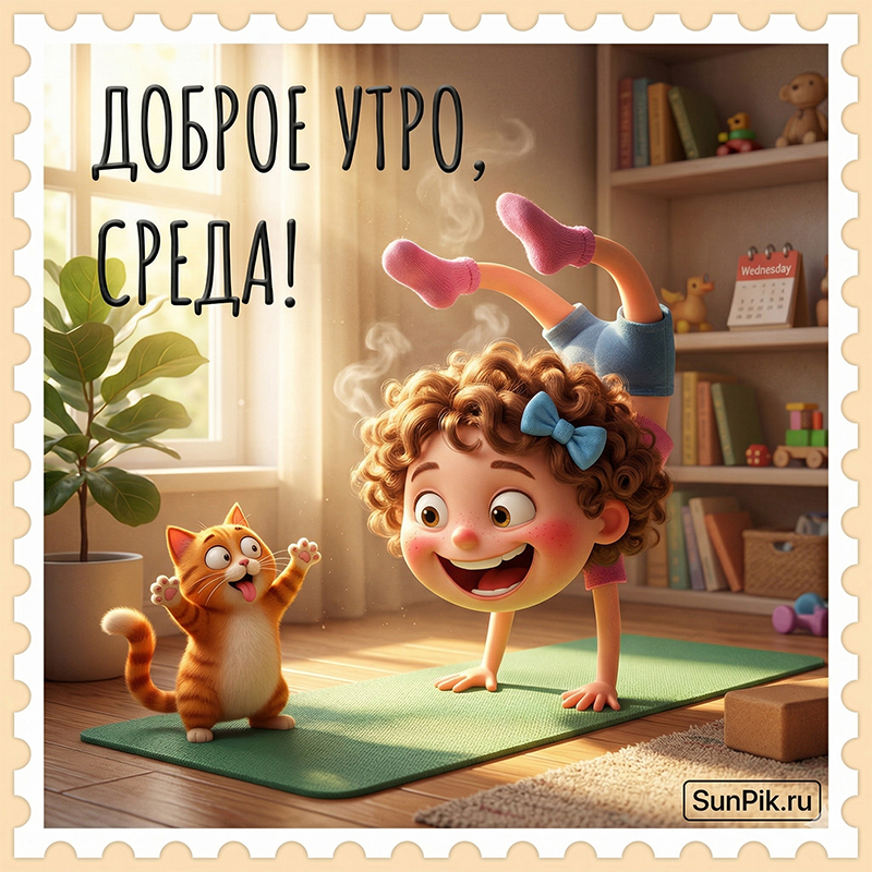Смешная картинка доброе утро, среда девушка занимается йогой вместе с кошкой.