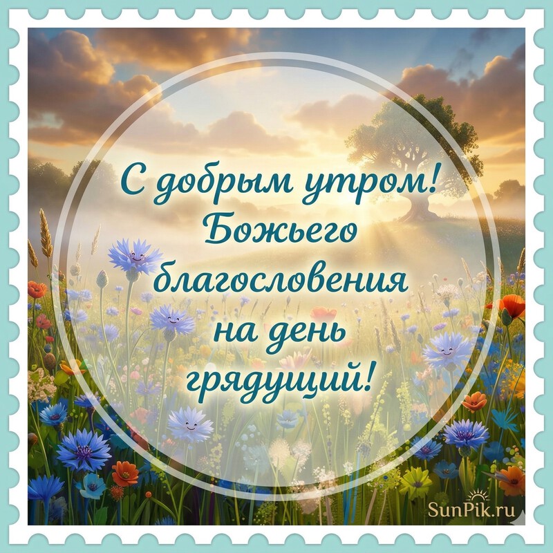 Христианская открытка с благословениями с добрым утром на фоне цветочной поляны