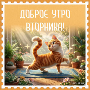 Картинка доброе утро вторника с рыжей кошкой.