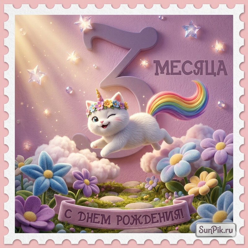 Открытка 3 месяца девочке Открытка с котёнком на 3 месяца девочке