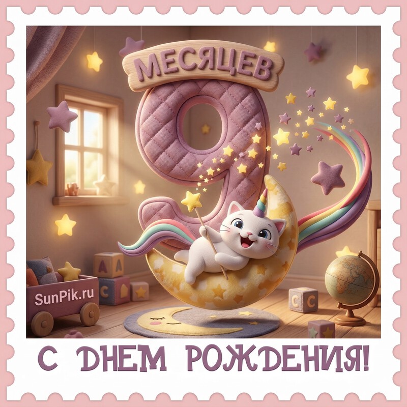 Открытка 9 месяцев девочке с котенком на луне