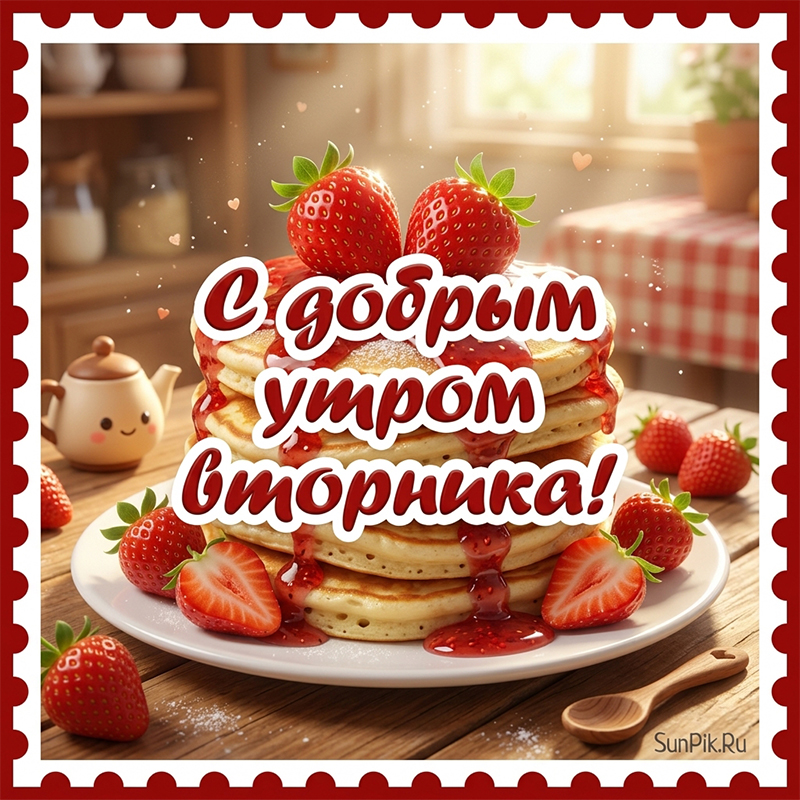 Открытка для поздравления с добрым утром вторника мужчине Открытка для поздравления с добрым утром вторника мужчине с блинчиками.
