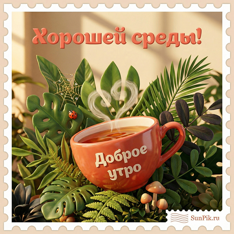 Открытка доброе утро, хорошей среды с кофейной чашкой.