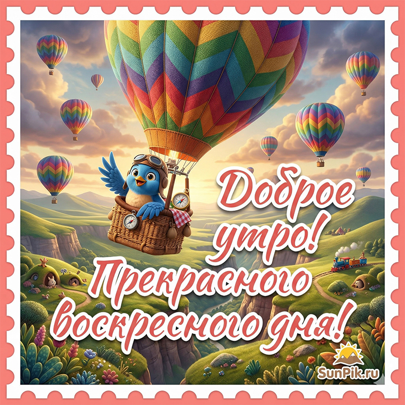 Открытка доброе утро, прекрасного воскресного дня с воздушными шарами.