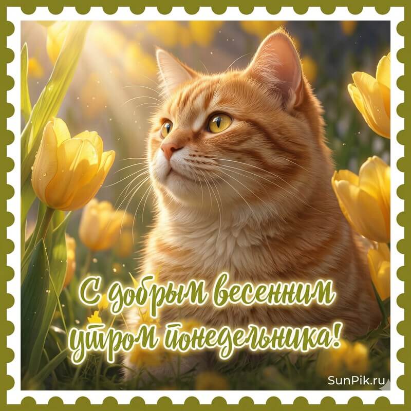 Фото-открытка с текстом с добрым весенним утром понедельника и кошкой среди цветов