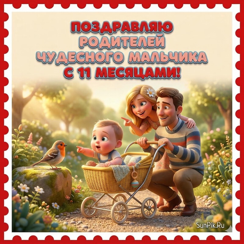 Открытка ребёнок в коляске на 11 месяцев мальчика для родителей
